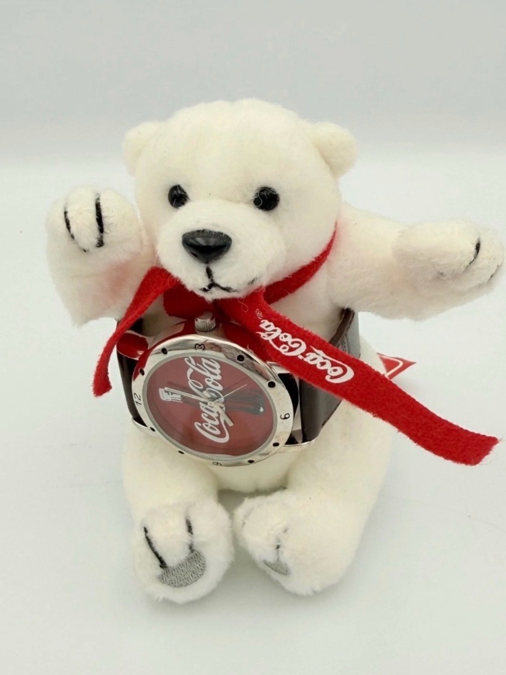 Coca Cola Polar Bear Plush Watch Brown Leather Band Red Scarf Collectible